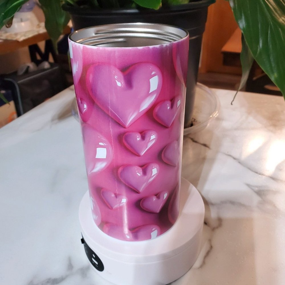Pink Hearts Puffy 3D Bubble 4 in 1 Can Cooler 14oz Tumbler 🎉sale